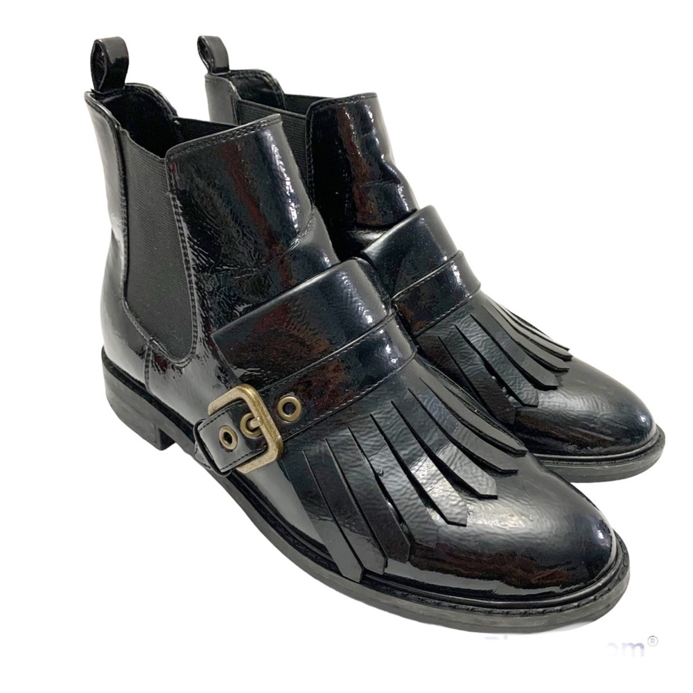 Marc Fisher brigita kittie black patent leather tassel trim Chelsea boots 6.5